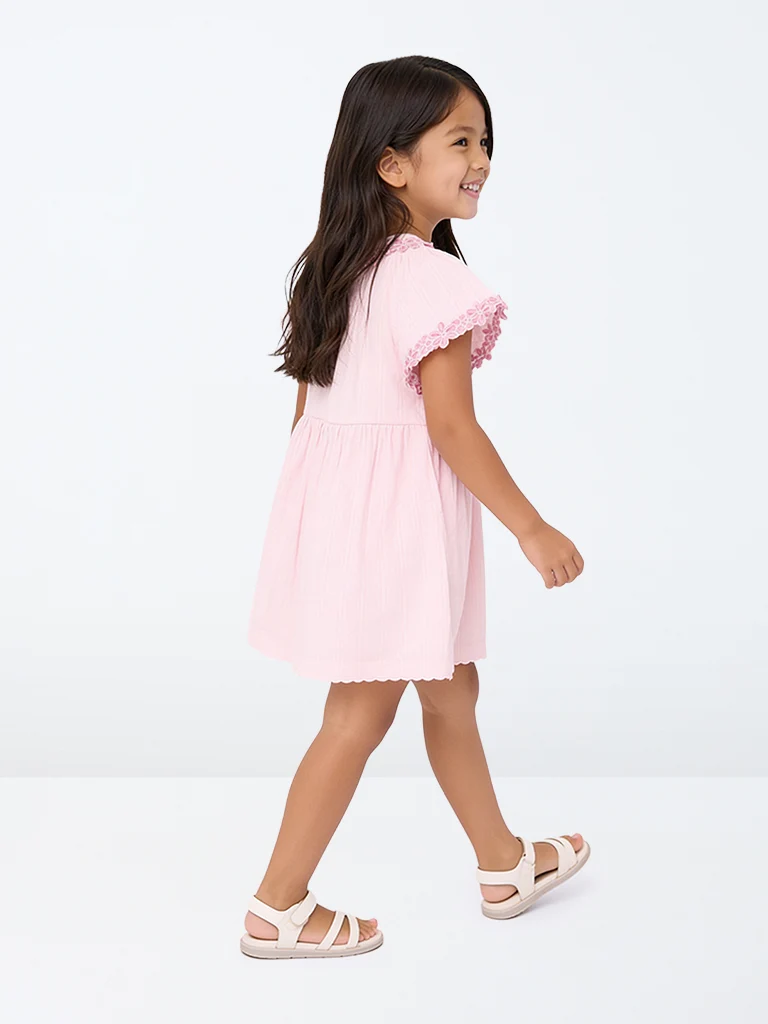 Kids Girls Light Pink Floral Embroidered Cotton A-Line Dress